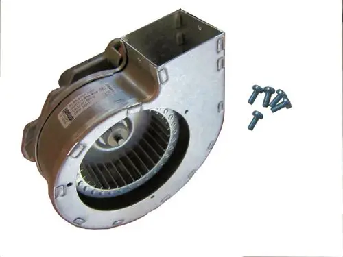 BOSCH Gebläse in Metallausführung ohne Kabel, runder Ventilator mit einem rotierenden Innenrotor und mehreren Schrauben neben dem Gerät.